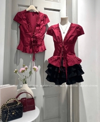 Set áo đỏ cổ V chân váy đen tầng