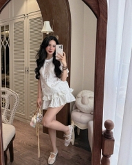 Set ren cổ tròn chân váy tầng