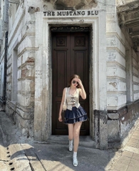 Set áo cổ yếm đan nơ x chân váy jean