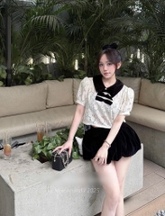 Set áo ren nude cổ sen chân váy bí