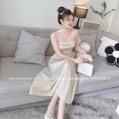 Đầm lụa 2 dây đáp cổ li ngực