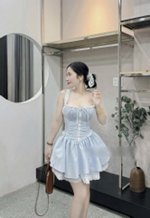Đầm xanh 2 dây thắt nơ đan