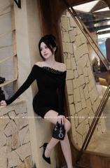Đầm ôm body phối ren viền - Đen
