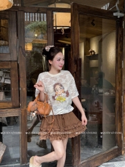 Set áo in cô gái chân váy tơ - 8369