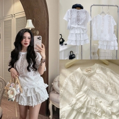 Set ren cổ tròn chân váy tầng