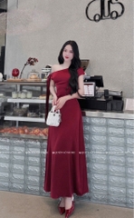 Đầm lụa lệch vai buộc nơ dài - Đen