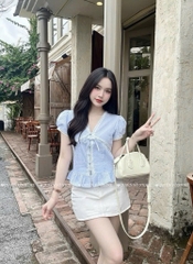 Áo sơ mi babydoll viền ren sọc - Xanh 1445