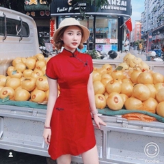 Đầm đỏ sườn sám cổ tàu