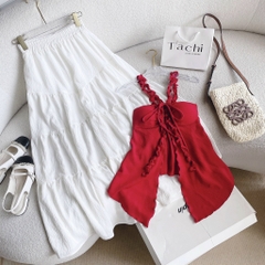 Set áo đỏ dây chéo chân váy midi trắng