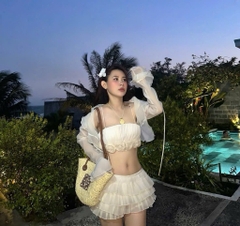 Set khoác crop voan tơ áo ống kết hoa