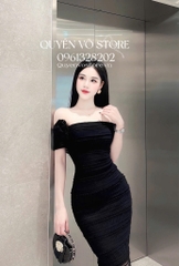 Đầm ôm body ren trễ vai - Đen