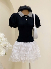 Đầm ren đen trắng cổ sen đá