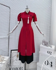 Set áo dài đỏ cách tân cổ tàu quần suông đen