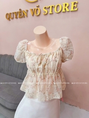 Áo nhún cổ vuông - Hoa hồng