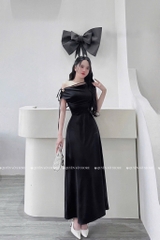 Đầm lụa lệch vai tag bướm - Đen