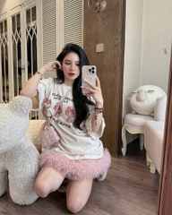 Set áo thun mèo chân váy hồng