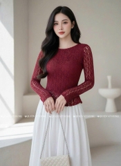 Áo ren ôm body cổ tròn tay dài - Đỏ 1505