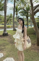 Đầm nude ren hoa nổi 2 dây ngực xoắn