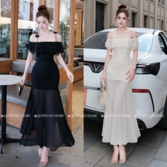 Đầm ôm body trễ vai 2 dây - Kem