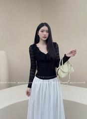 Áo ren ôm body cổ V bèo - Đen 1511