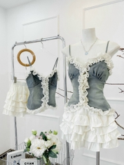 Set áo 2 dây jean viền ren chân váy tầng