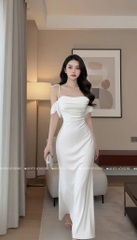 Đầm lụa trễ vai cột dây - TRẮNG