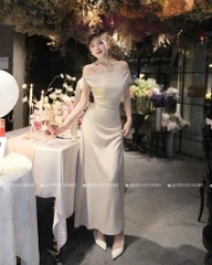 Đầm lụa lệch vai buộc nơ dài - Đen