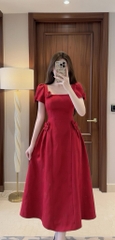 Đầm cổ vuông hoa vai eo - dáng dài