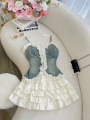 Set áo 2 dây jean viền ren chân váy tầng
