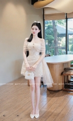 Đầm ren trễ vai phối voan