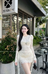 Đầm ren ôm body tay dài - Kem
