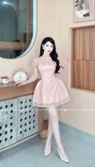 Đầm hoa trễ vai - Hồng