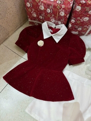 Set áo nhung đỏ kim tuyến peplum chân váy trắng
