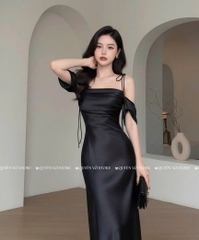 Đầm lụa trễ vai cột dây - ĐEN