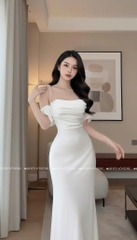 Đầm lụa trễ vai cột dây - TRẮNG