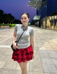 Set áo thun ôm body thêu x chân váy tầng