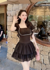 Đầm tơ đính đá ngực - Đen