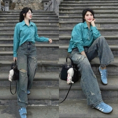 Quần jean suông rách ít - 6083