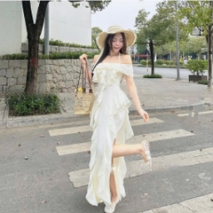 Đầm midi trễ vai kem