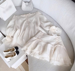 Set voan nude trễ vai đan dây x chân váy xòe - Nude