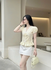 Áo sơ mi babydoll viền ren sọc - Vàng 1445