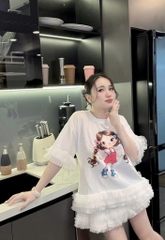 Đầm suông lai voan cô gái - trắng