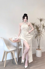 Đầm cổ yếm ren phối lụa ôm body - Kem