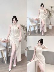 Đầm cổ yếm ren phối lụa ôm body - Kem