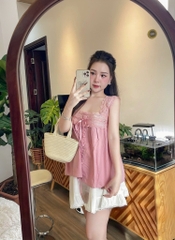 Set Babydoll áo ren hồng chân váy xòe  - S eo 64