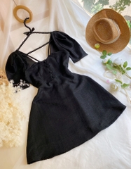Đầm cổ V dây chéo nút bọc - S