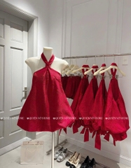 Đầm đỏ cổ yếm phồng bí