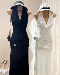 Đầm ôm body maxi thun ánh kim cổ đỗ trước