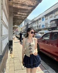 Set áo cổ yếm đan nơ x chân váy jean