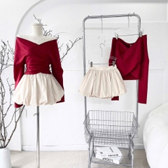 Set áo đỏ đắp chéo chân váy bí kem